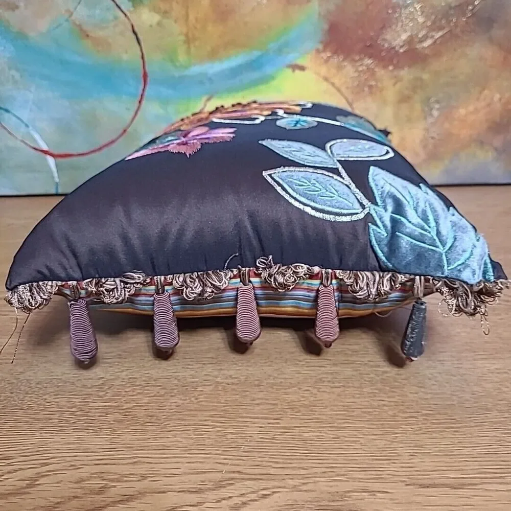 Pier 1 Imports Embroidered Floral Lumbar Pillow Orange Brown Fringe 13x18